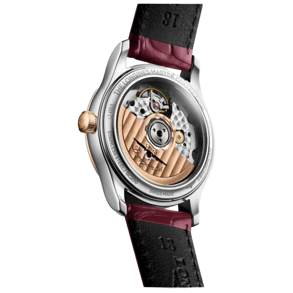L2.450.5.89.2 Longines Master Collection 34 pärlemor och roséguld med alligatorband baksida