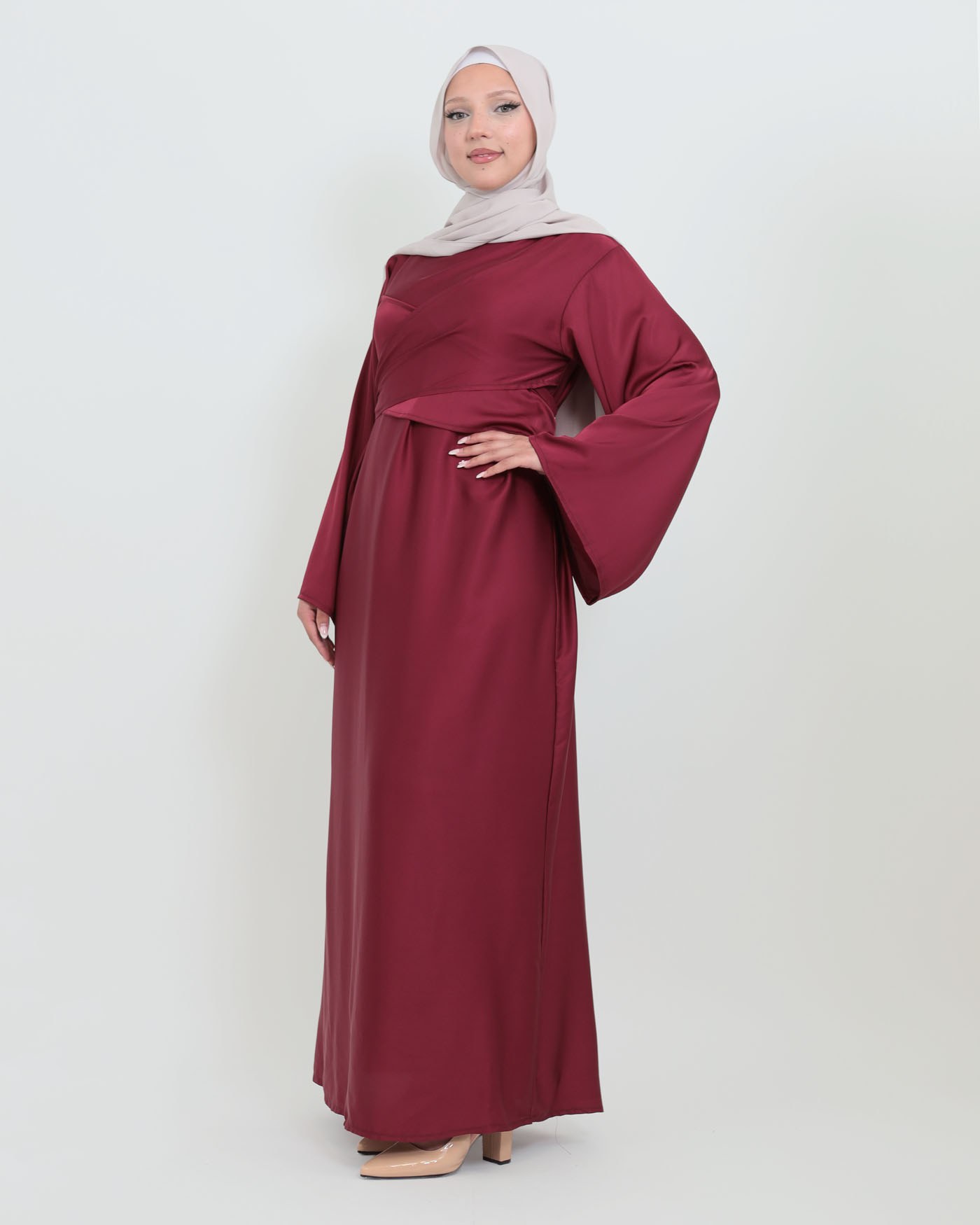 Maxi Dress in Satin - Wine Red - 4