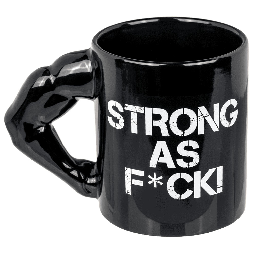 Strong as F*ck Mugg med muskulös arm som handtag åt vänster