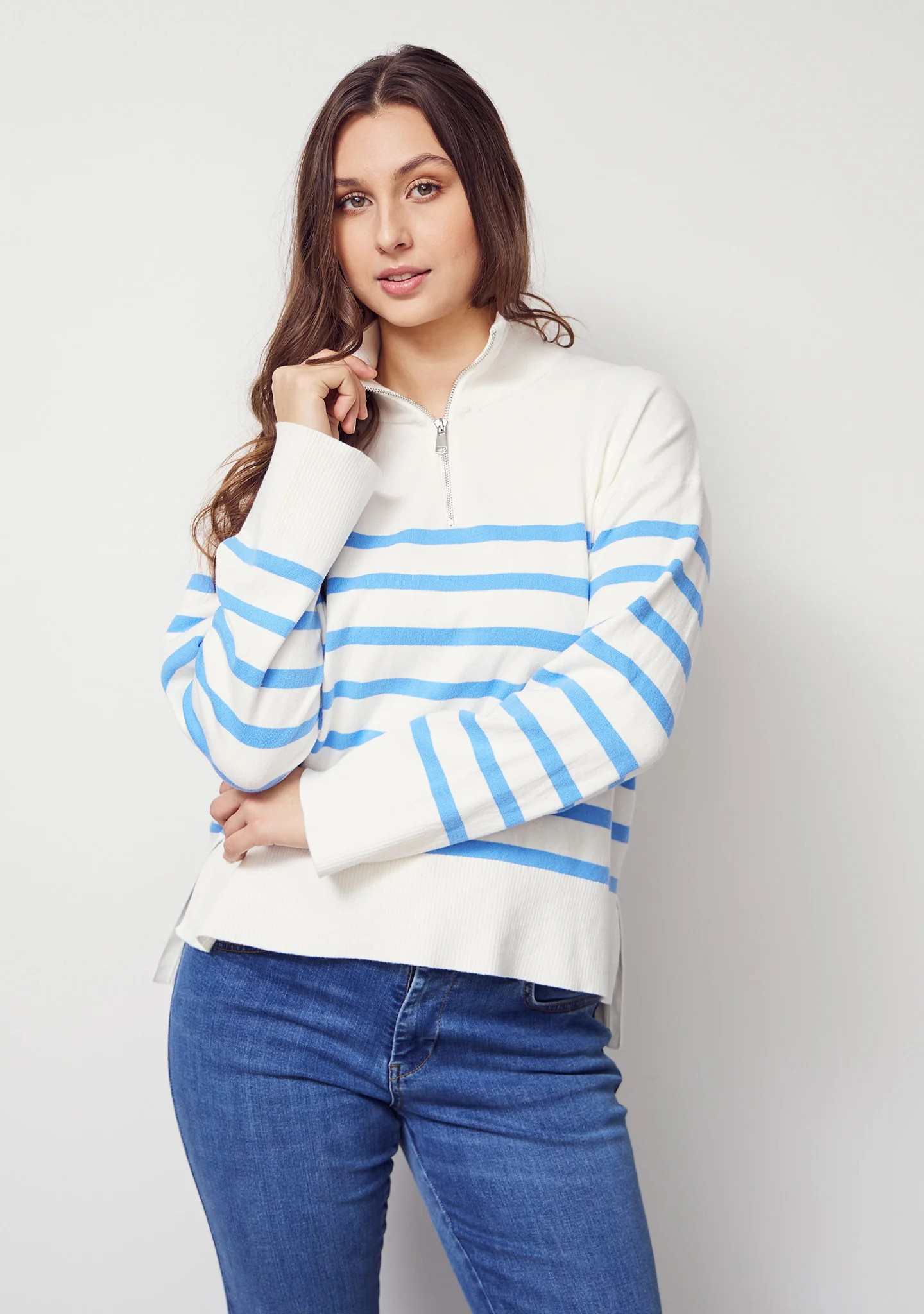 Frigga Zip Pullover - Broken White / Skyblue - Isay