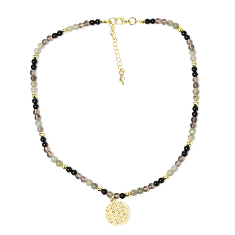 Justerbart halsband Livets blomma, svart turmalin, obsidian, labradorit och hematit - 2