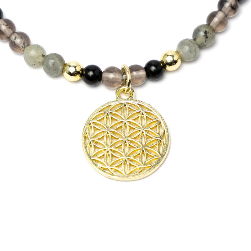 Justerbart halsband Livets blomma, svart turmalin, obsidian, labradorit och hematit
