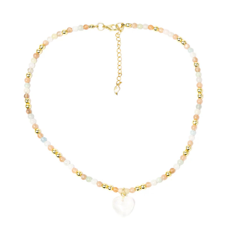 Justerbart halsband hjärta, rosa månsten, morganit, vit månsten och hematit - 2