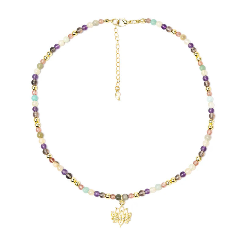 Justerbart halsband lotus, jordgubbskvarts, amazonit, citrin, ametist, obsidian och hematit - 2