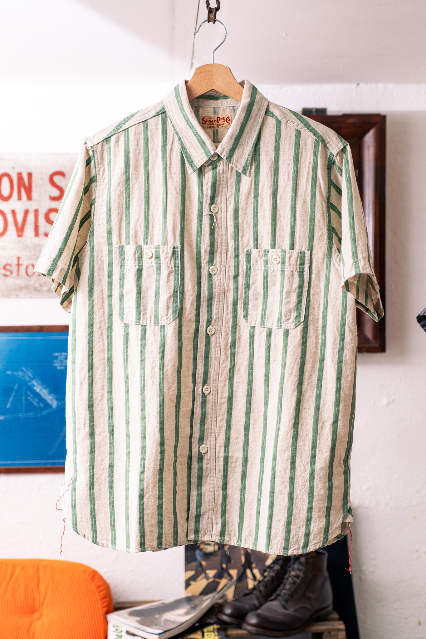 Sugar Cane - SC39727 Cotton Linen Dobby Herringbone Stripe S/S Work Shirt Green