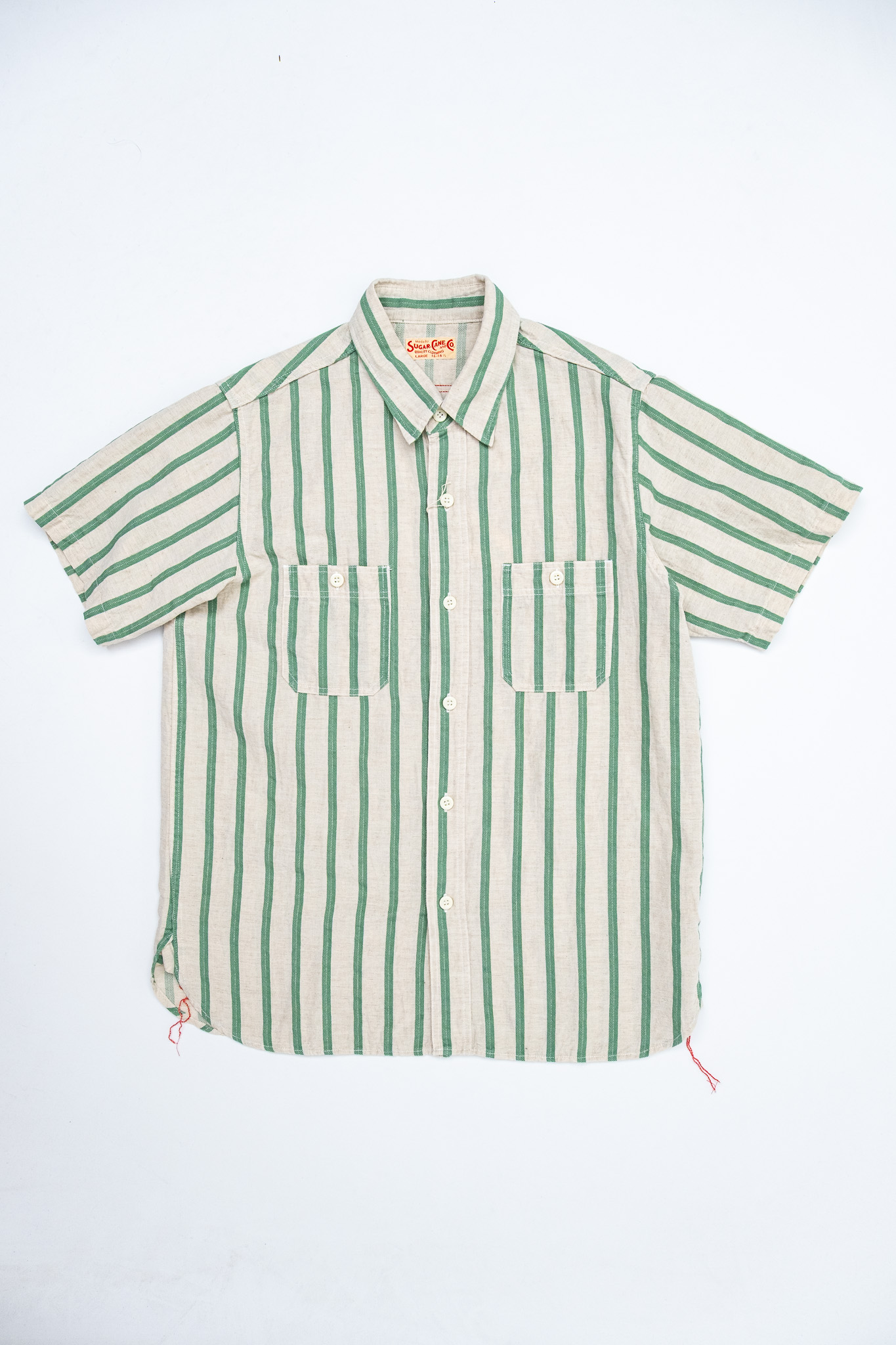 Sugar Cane - SC39727 Cotton Linen Dobby Herringbone Stripe S/S Work Shirt Green - 2