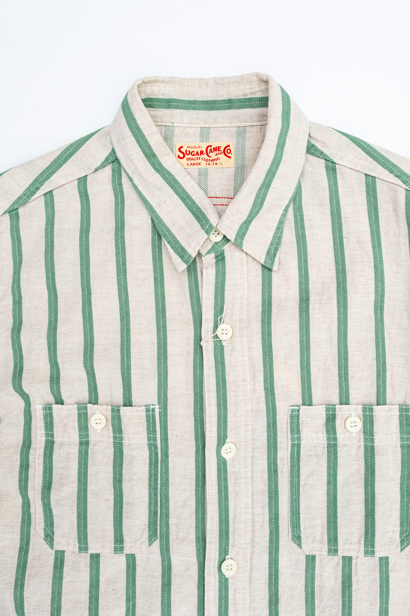 Sugar Cane - SC39727 Cotton Linen Dobby Herringbone Stripe S/S Work Shirt Green - 4