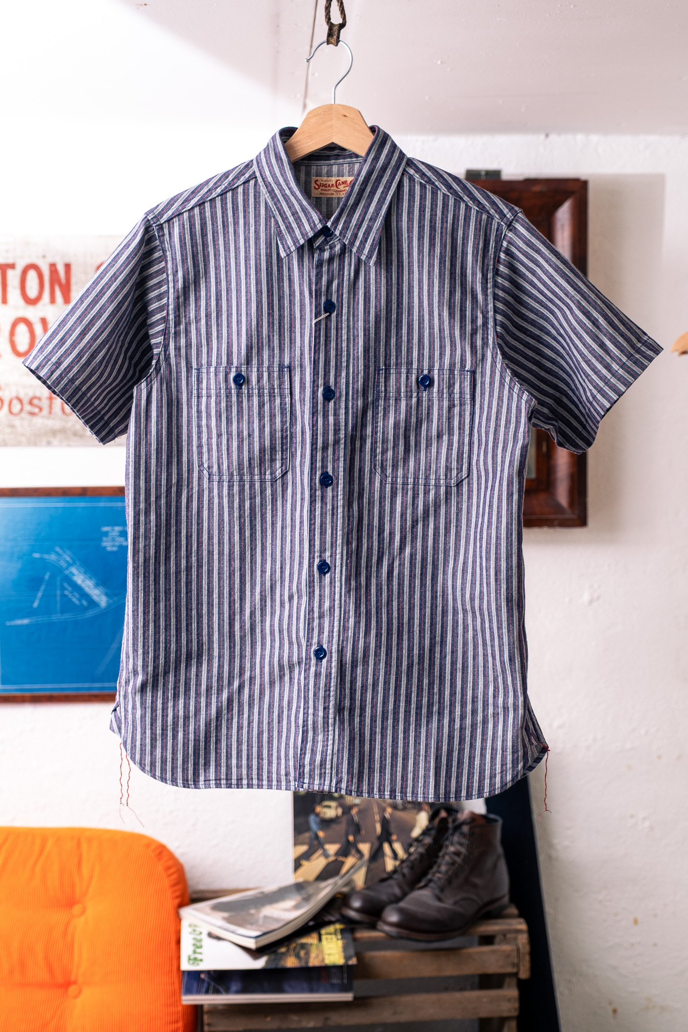 Sugar Cane - SC39730 Cotton Stripe S/S Work Shirt Navy