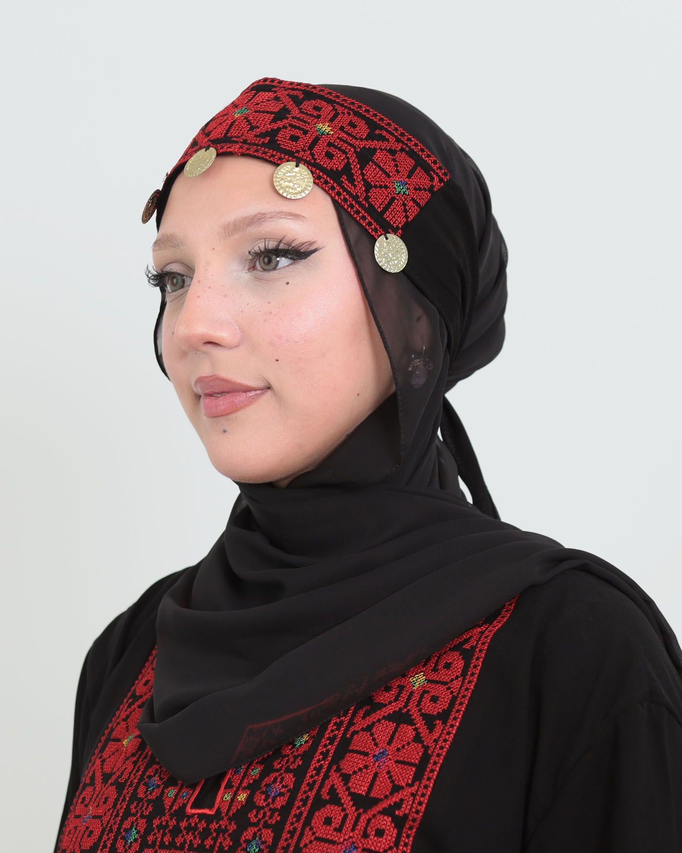 Handgjort palestinskt korsstygnspannband med mynt - 3