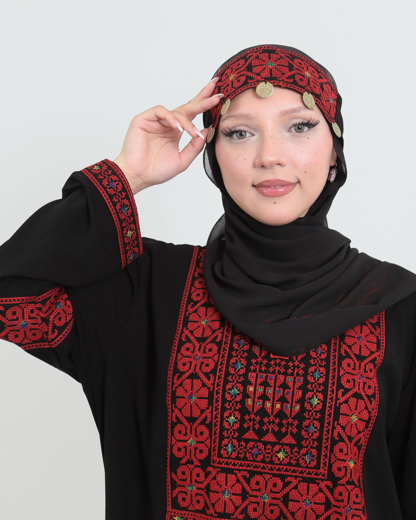 Handgjort palestinskt korsstygnspannband med mynt - 4