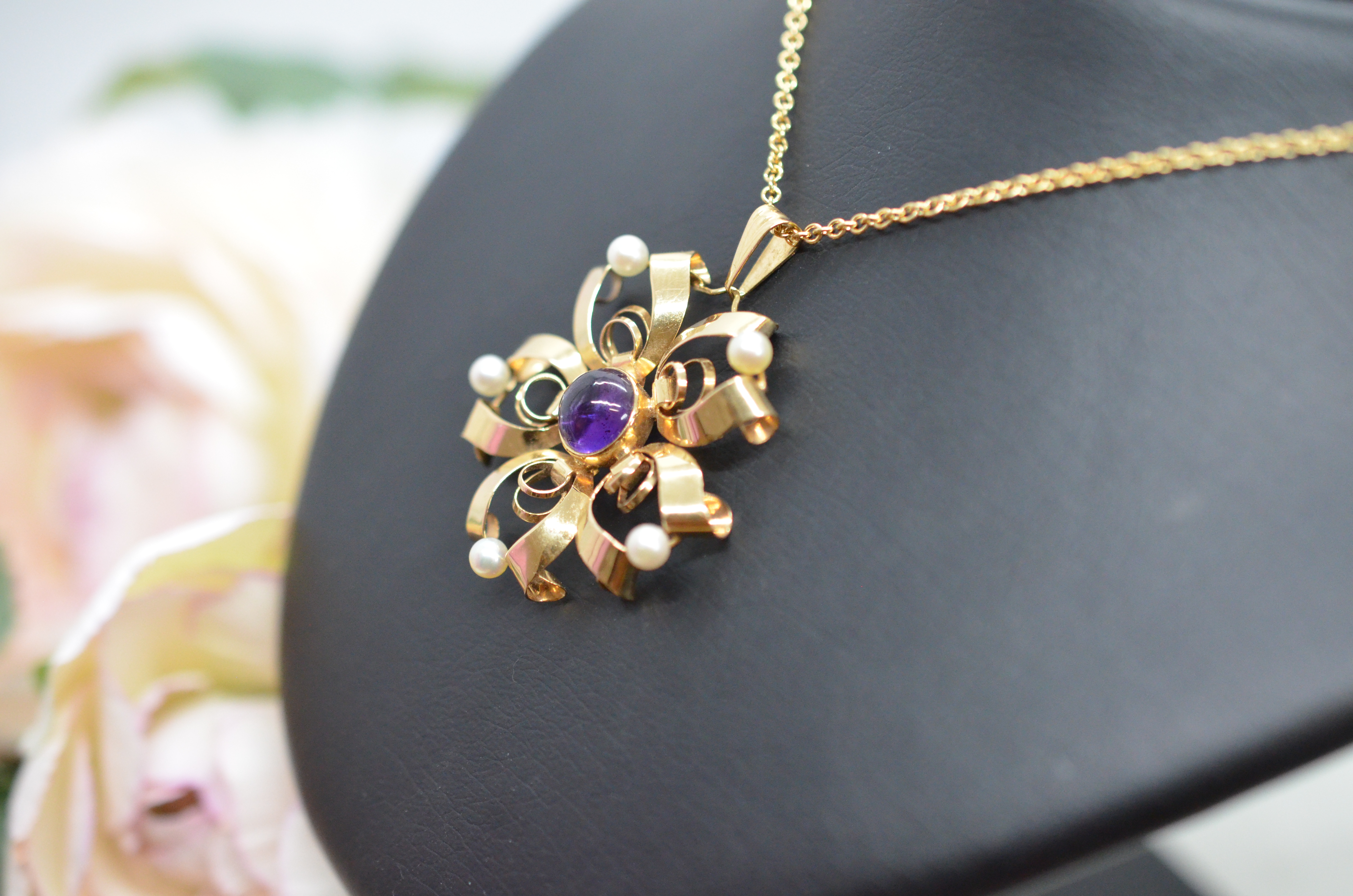 Vintage 18k pendant with amethyst and cultured freshwater pearls - 5