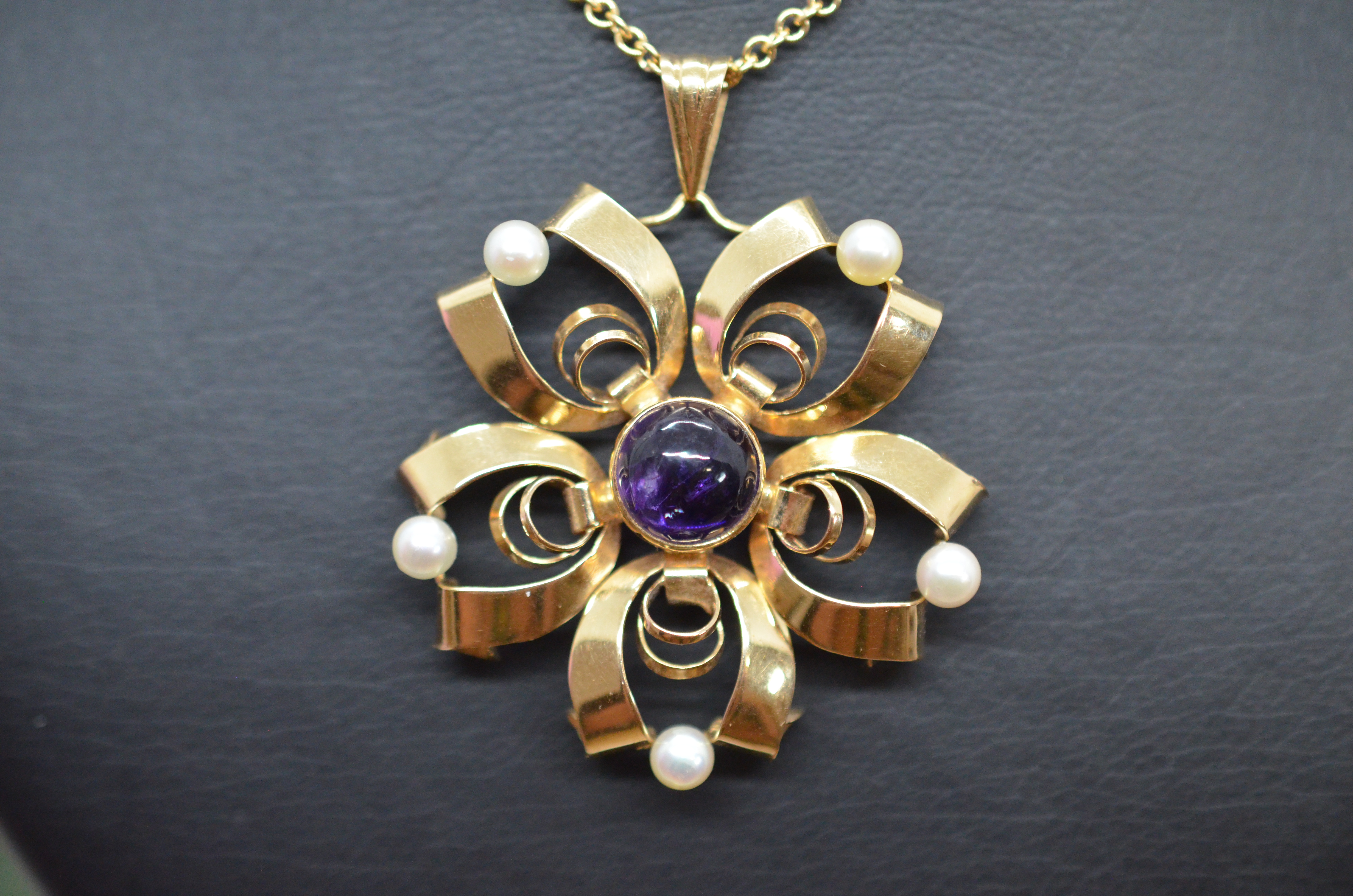 Vintage 18k pendant with amethyst and cultured freshwater pearls - 6