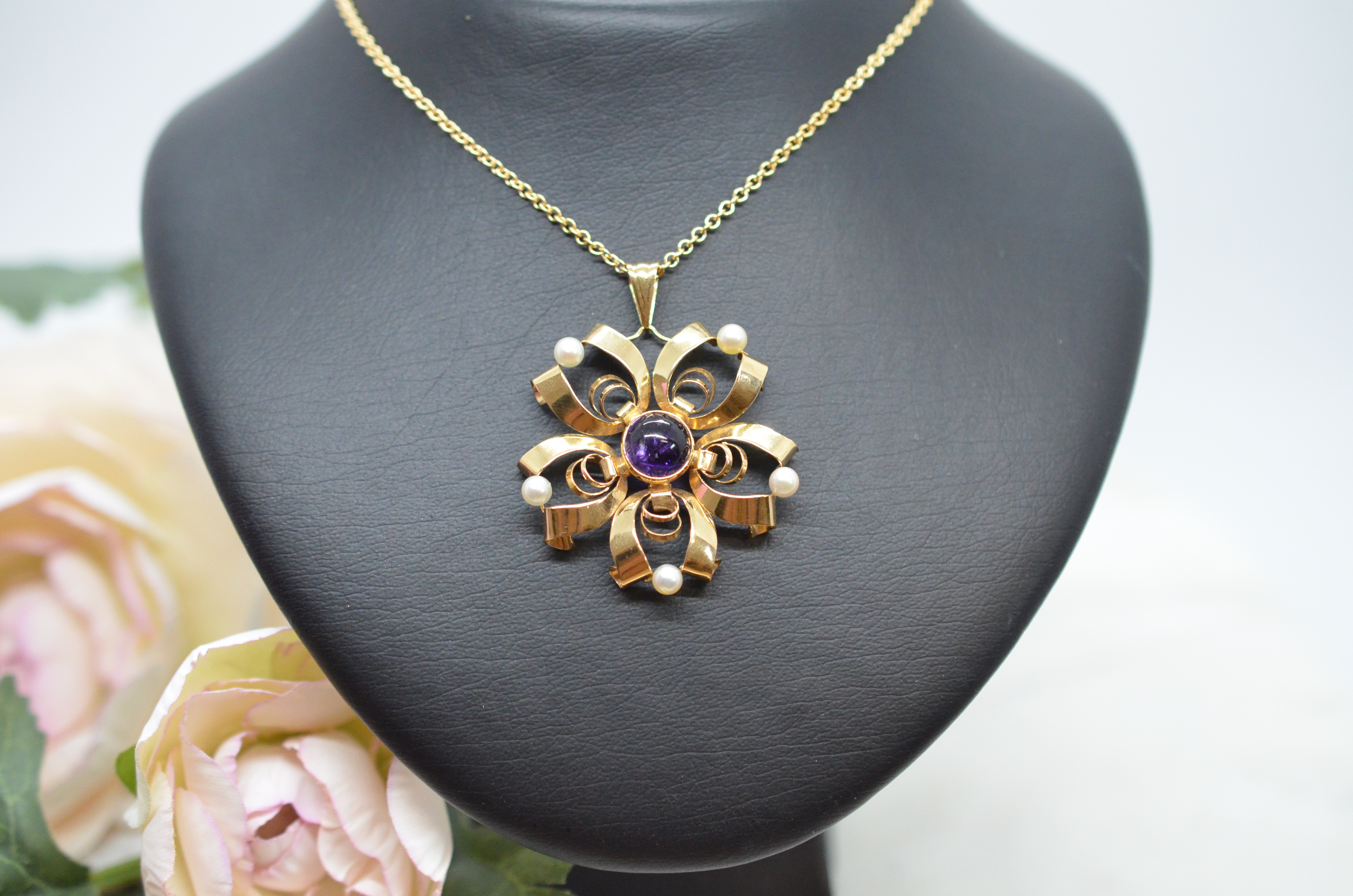 Vintage 18k pendant with amethyst and cultured freshwater pearls - 4