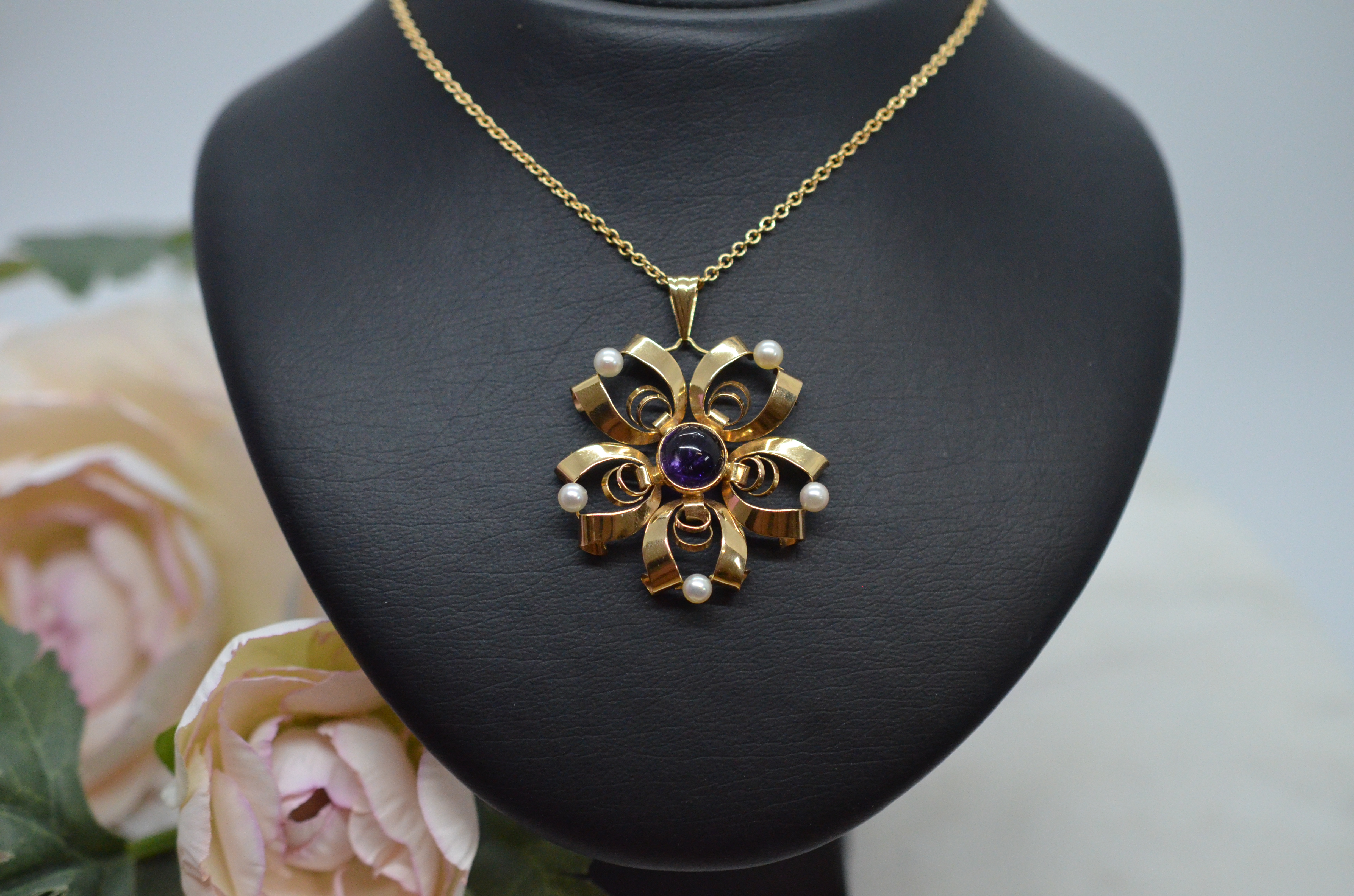 Vintage 18k pendant with amethyst and cultured freshwater pearls - 3