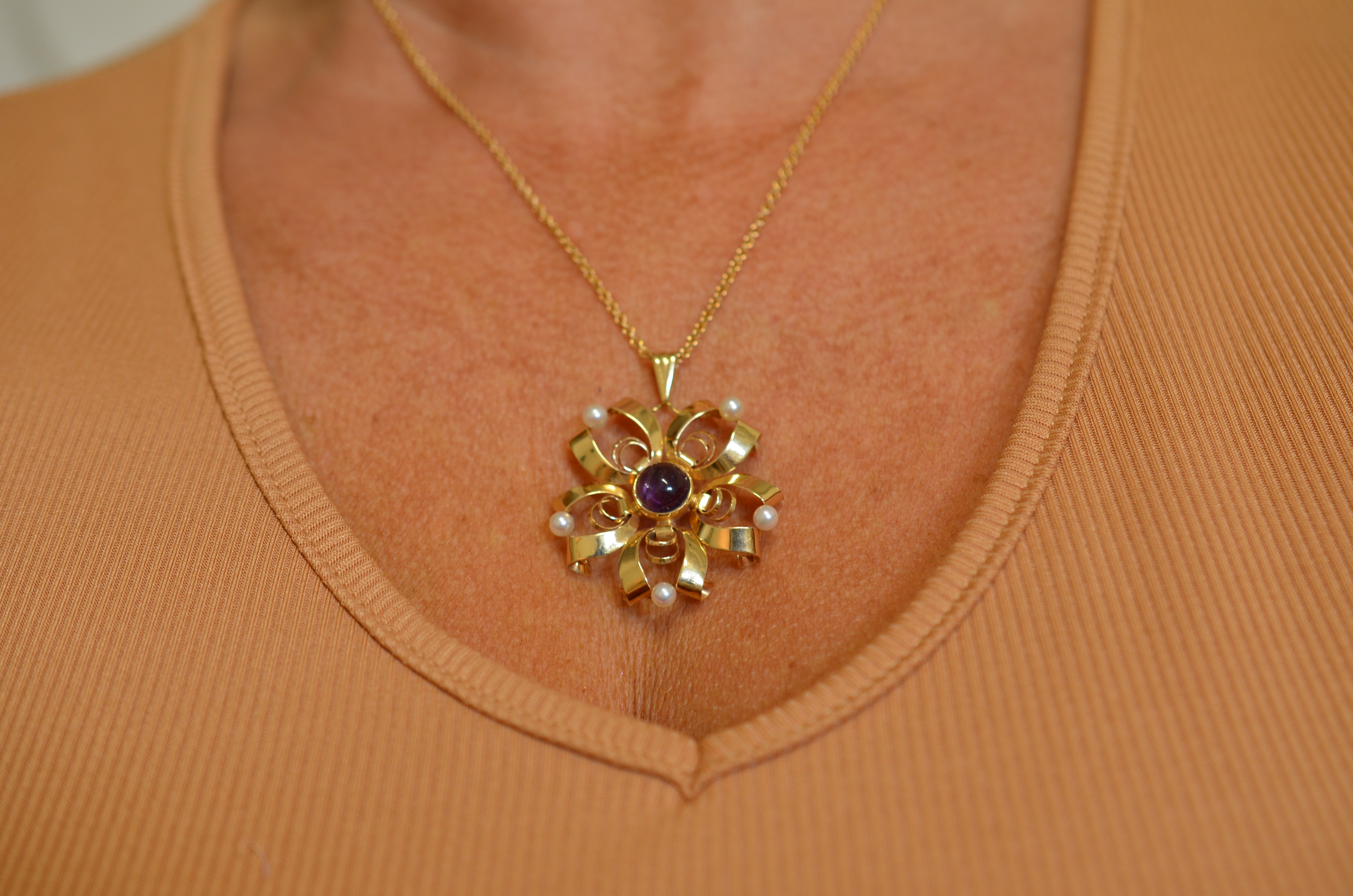 Vintage 18k pendant with amethyst and cultured freshwater pearls - 7