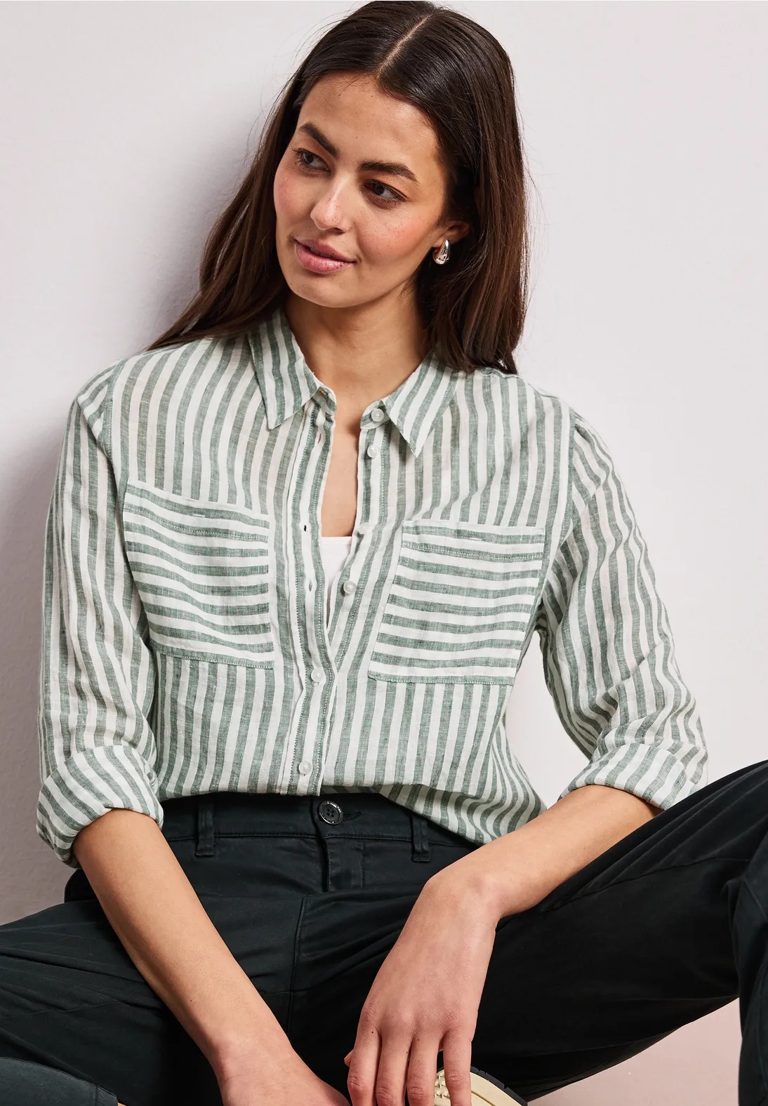 SOL LTD  QR Striped Shirtcollarblouse - Bound Green - Street One
