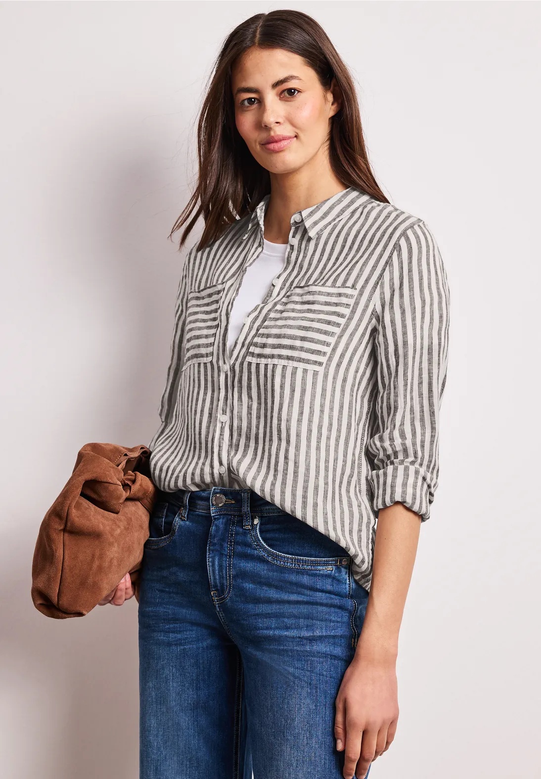 SOL LTD  QR Striped Shirtcollarblouse - Espresso Brown - Street One