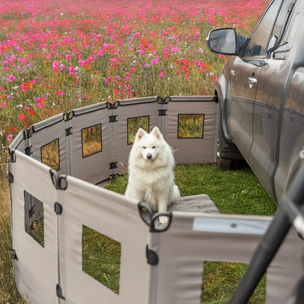 Hund staket av tyg till camping husvagn och husbil