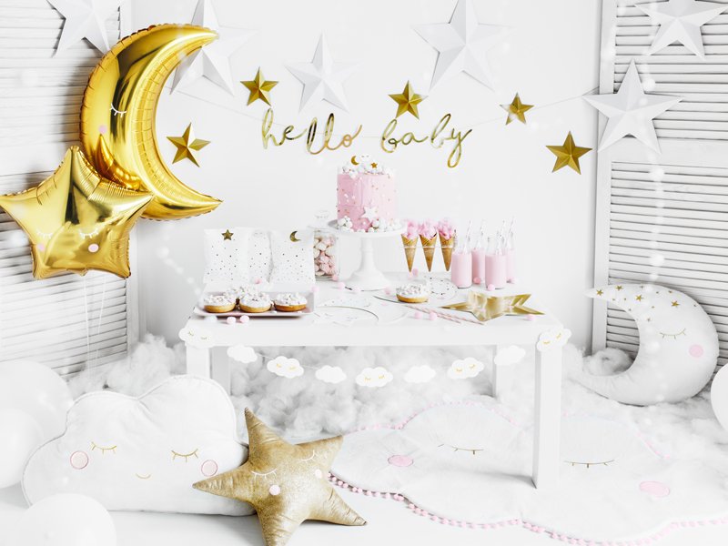 Molngirlang i vitt och guld till Hello Baby-tema