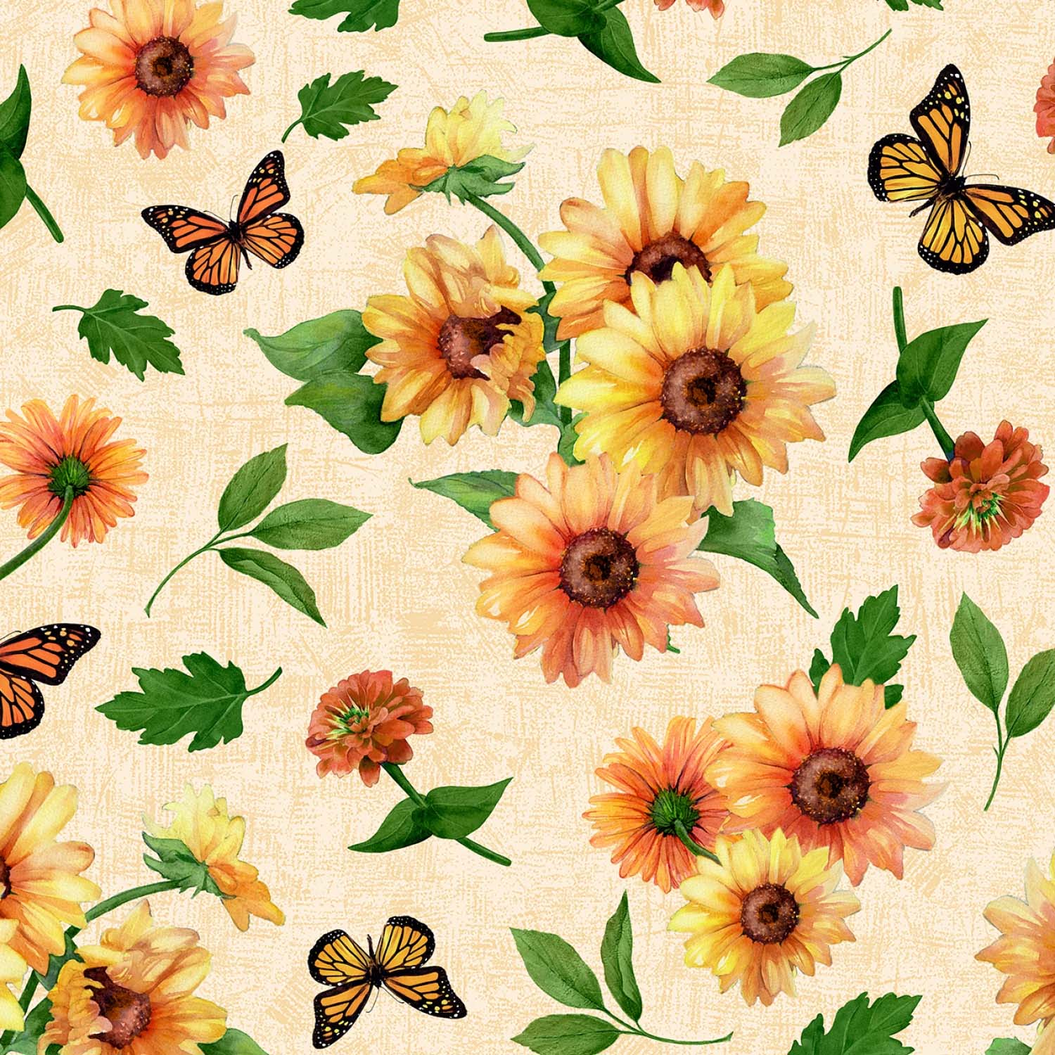 Tyg: Solrosor & Fjärilar - Cream Sunflowers All Over - Sunshine Whispers