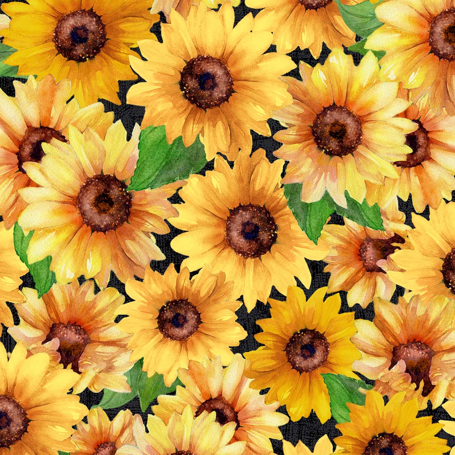Tyg: Solrosor - Black Packed Sunflowers - Sunshine Whispers