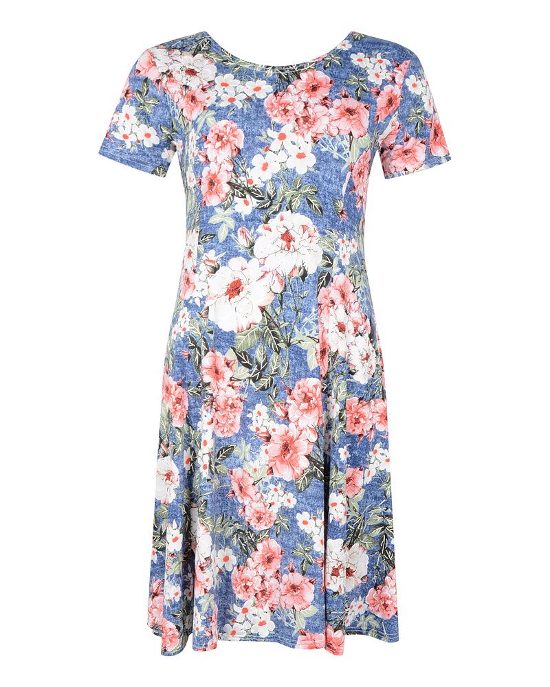 Klänning rosa & vita blommor blå