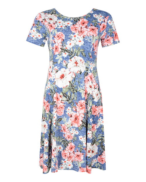 Klänning rosa & vita blommor blå