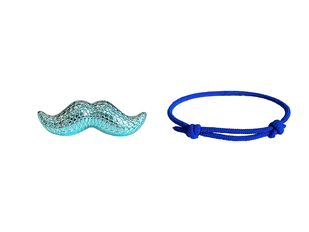 Limiterad mustachpin för 2026 och ett blått armband