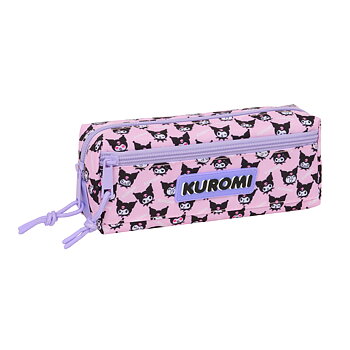 Kuromi Pennfodral med 3 Fack och Elastiskt Band - rosa och lila kawaii pennskrin
