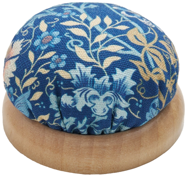 Fabric Pincushion with Wood Base Blue Floral