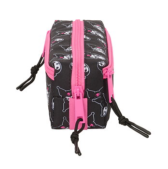 Kuromi Pennfodral med 3 Fack och Elastiskt Band - svart och rosa kawaii pennskrin