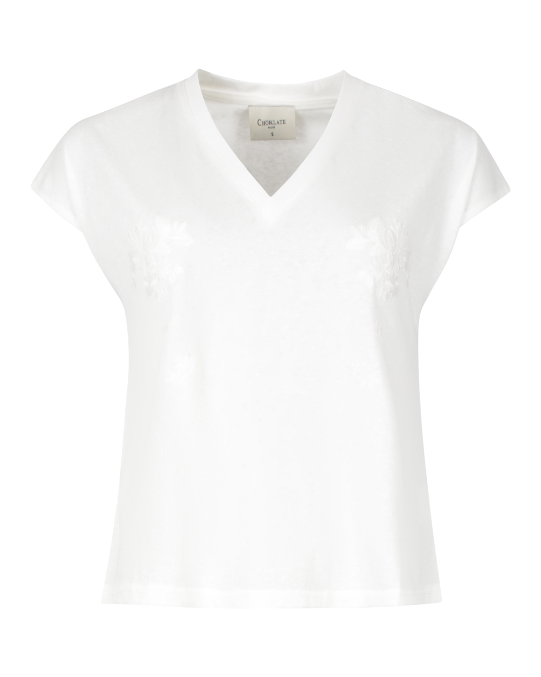 Topp v-ringad broderad blommor fram offwhite - 2