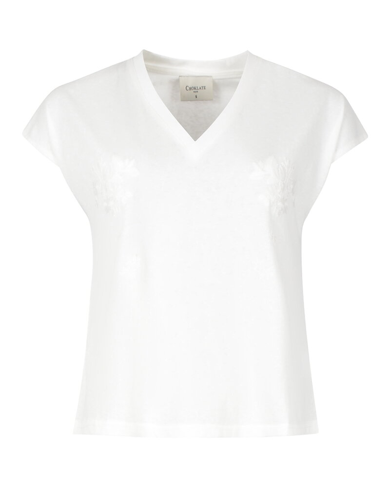 Topp v-ringad broderad blommor fram offwhite