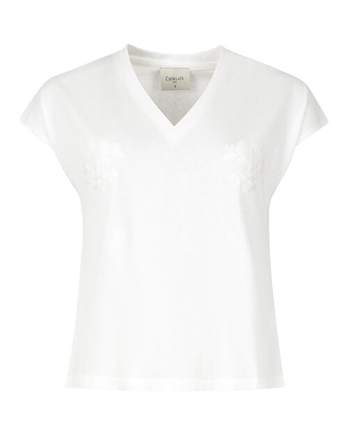 Topp v-ringad broderad blommor fram offwhite - 2