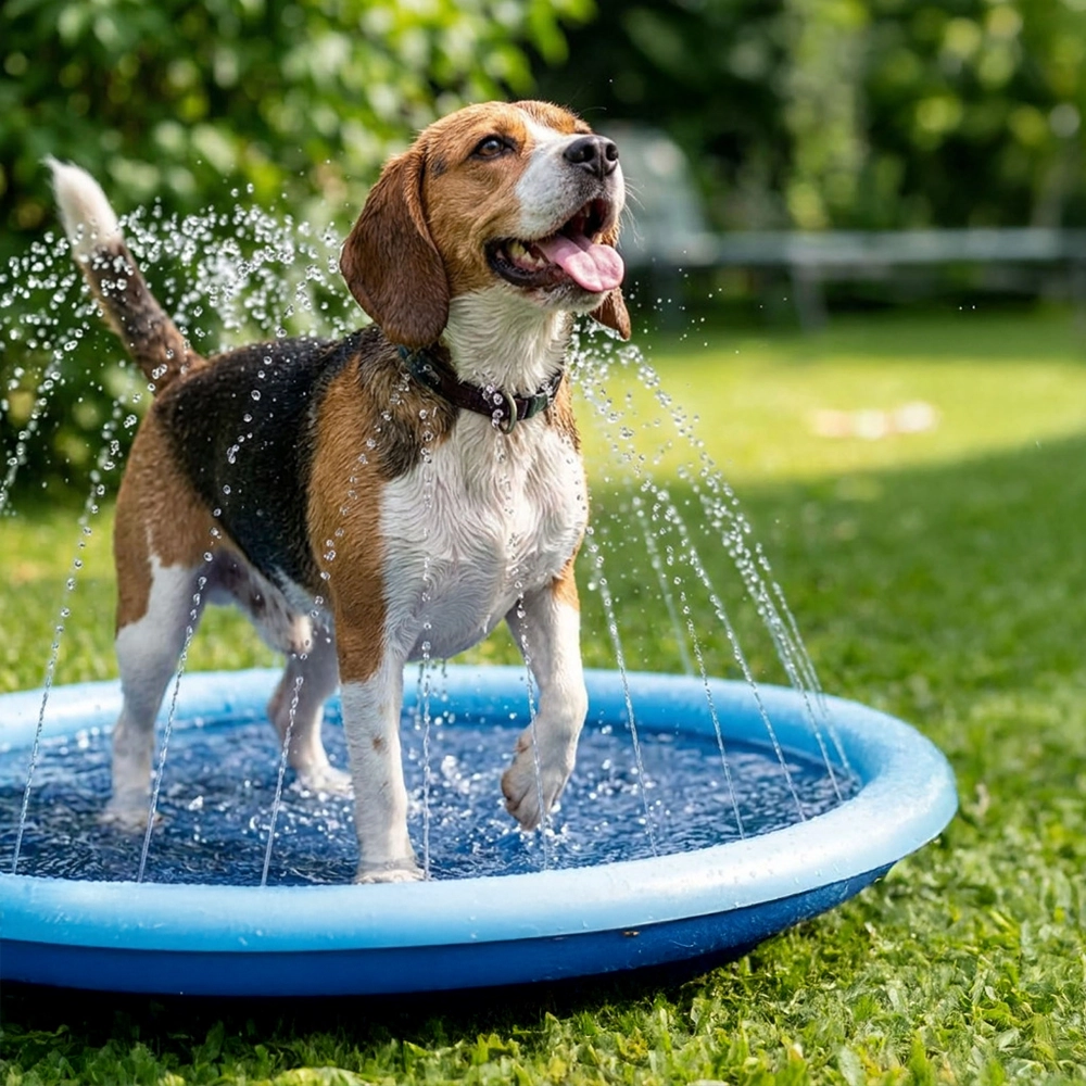 Rea på sprinklermatta pool med fontän till hund