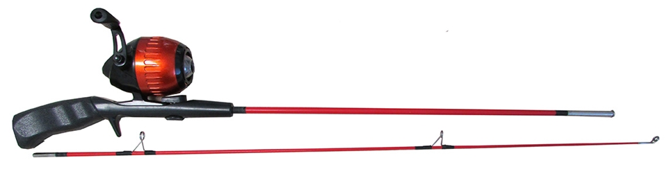 Inexpensive fishing rod for kids with a built-in reel. Pre-spooled braided line. 130 cm rod