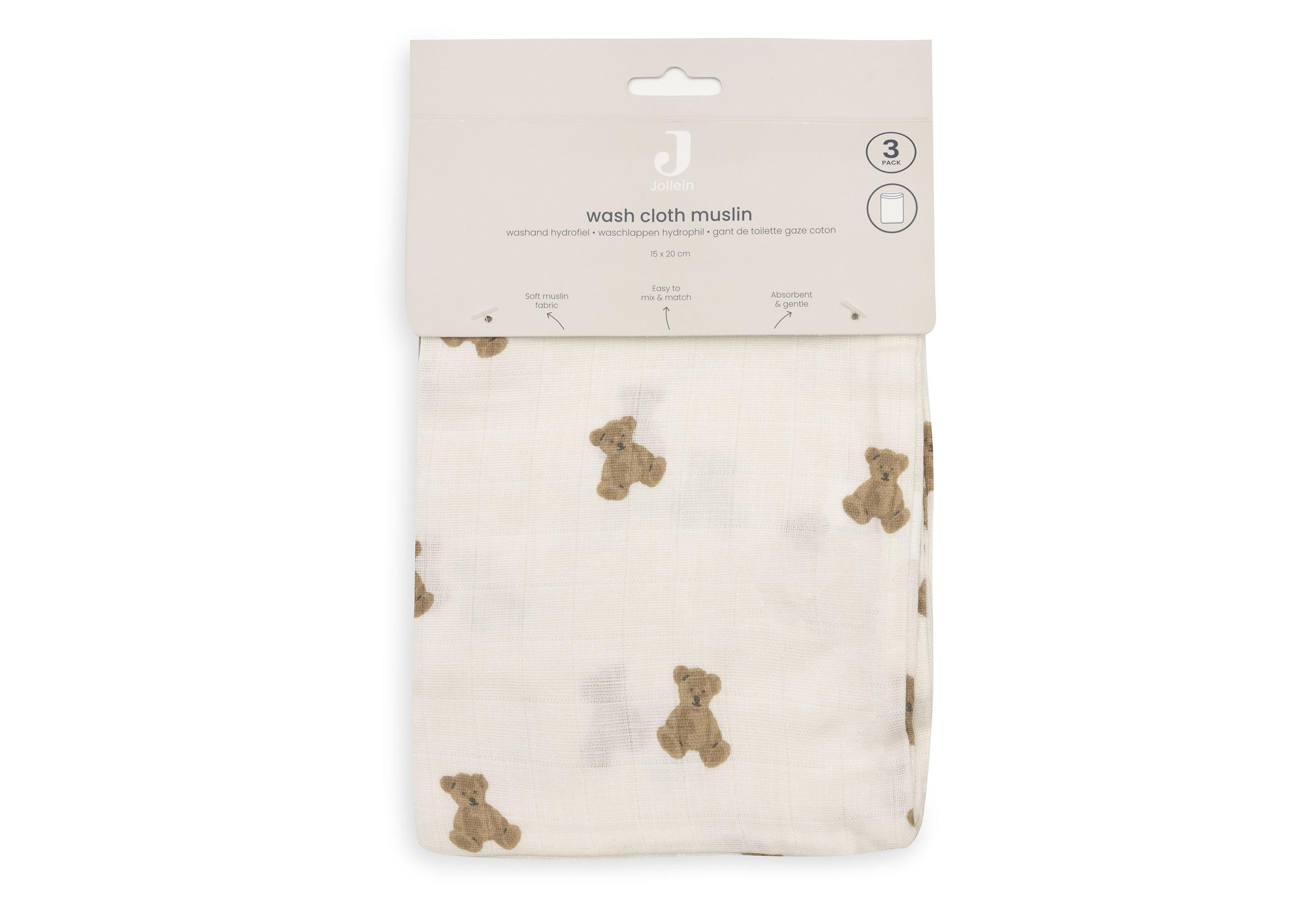 Jollein Tvättvante Muslin 15x20cm Mini Teddy Bear (3pack) - 3