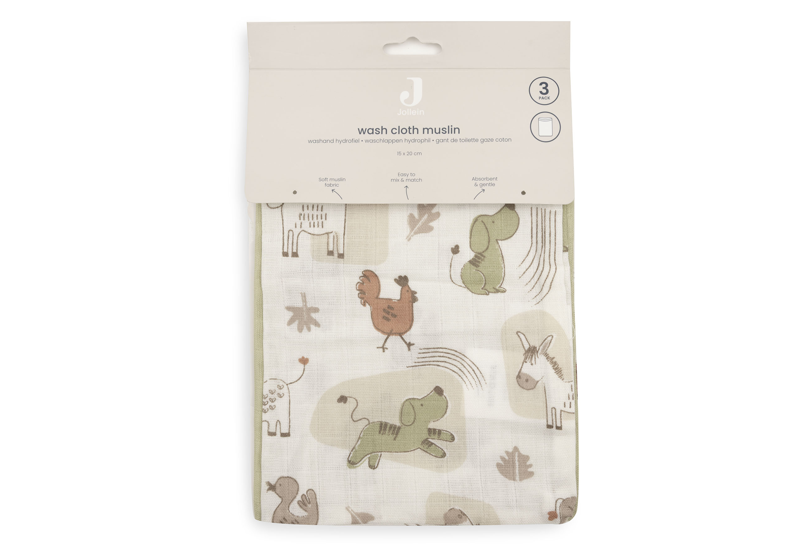 Jollein Tvättvante Muslin 15x20cm Barn Buddies (3pack) - 3