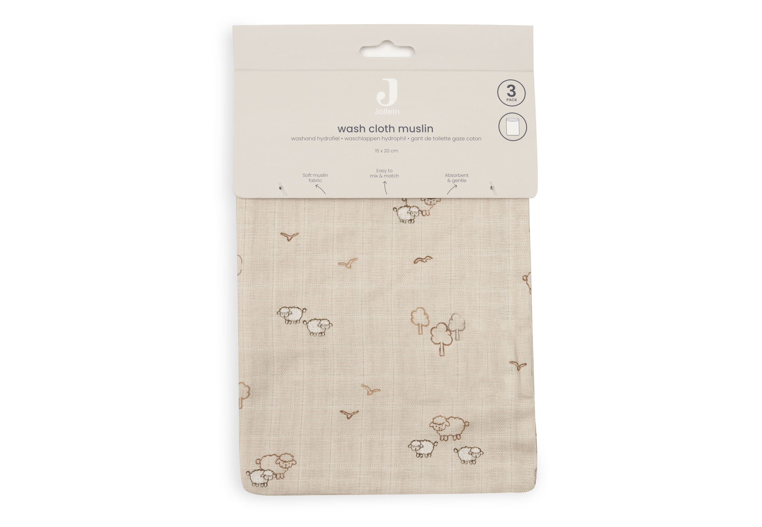 Jollein Tvättvante Muslin 15x20cm Woolly (3pack) - 3