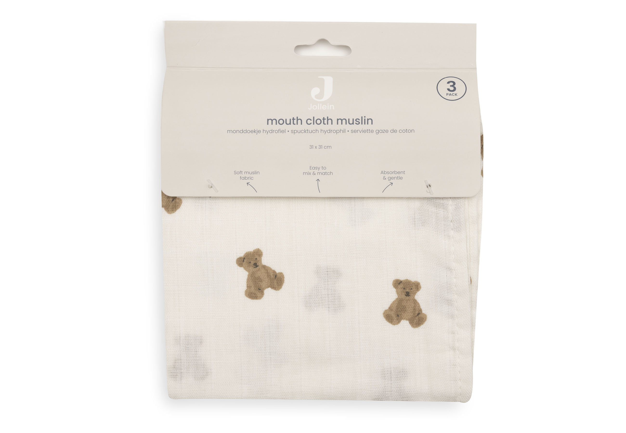 Jollein Tvättlapp i Muslin 31x31cm Mini Teddy Bear (3pack) - 4
