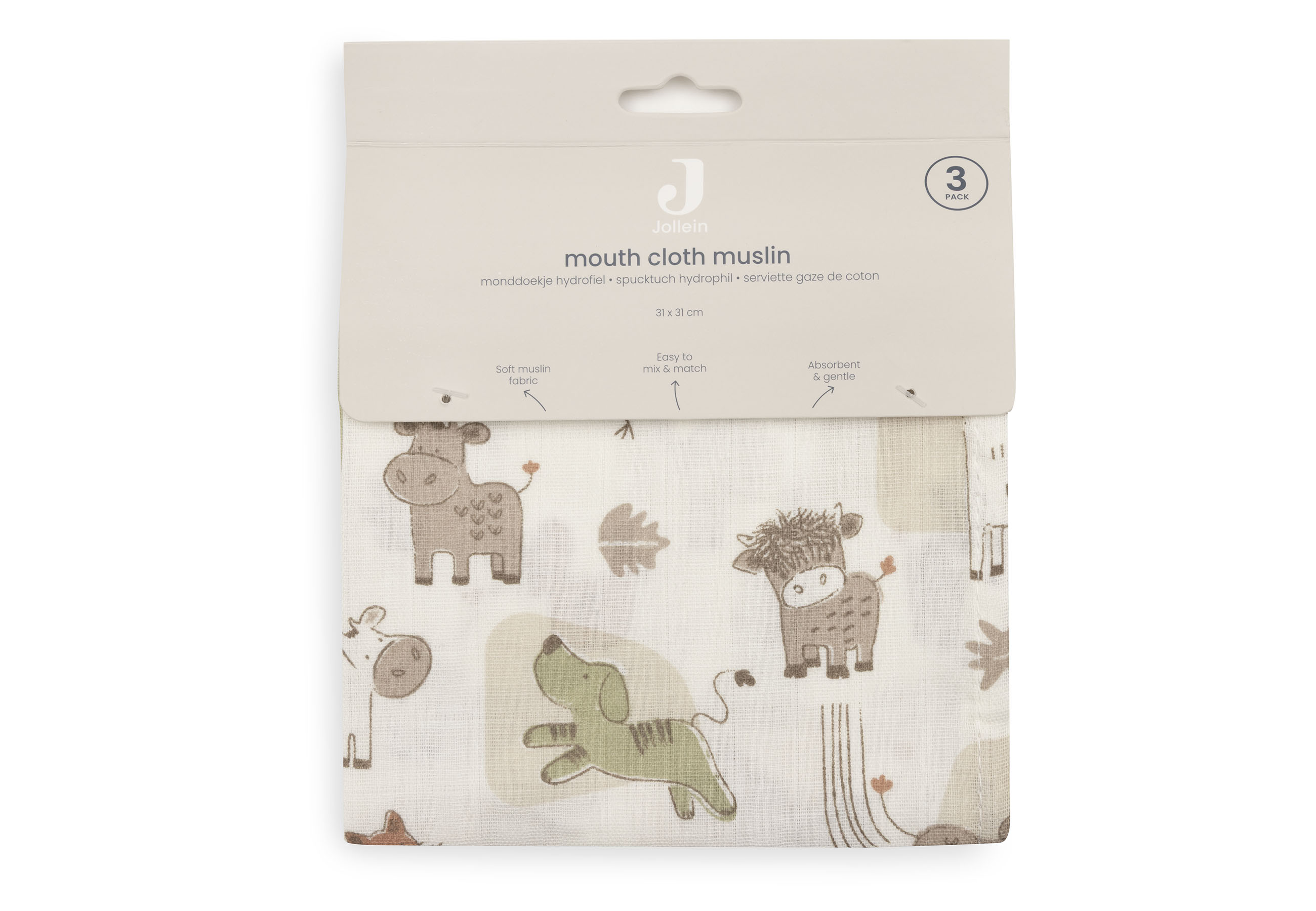 Jollein Tvättlapp i Muslin 31x31cm Barn Buddies (3pack) - 4