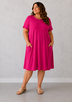 Klänning med kort ärm och fickor, fuchsia 