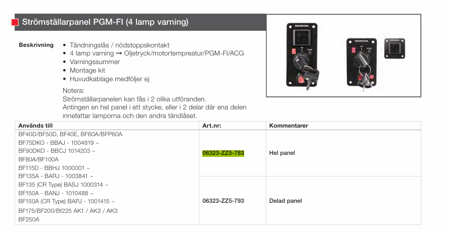 Strömställarpanel PGM-FI