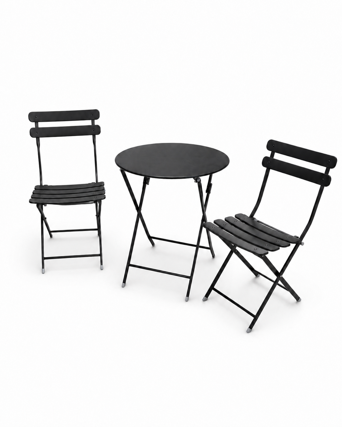 Svart caféset med runt bord och två fällbara stolar i pulverlackat stål