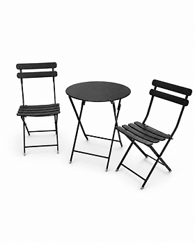 Svart caféset med runt bord och två fällbara stolar i pulverlackat stål