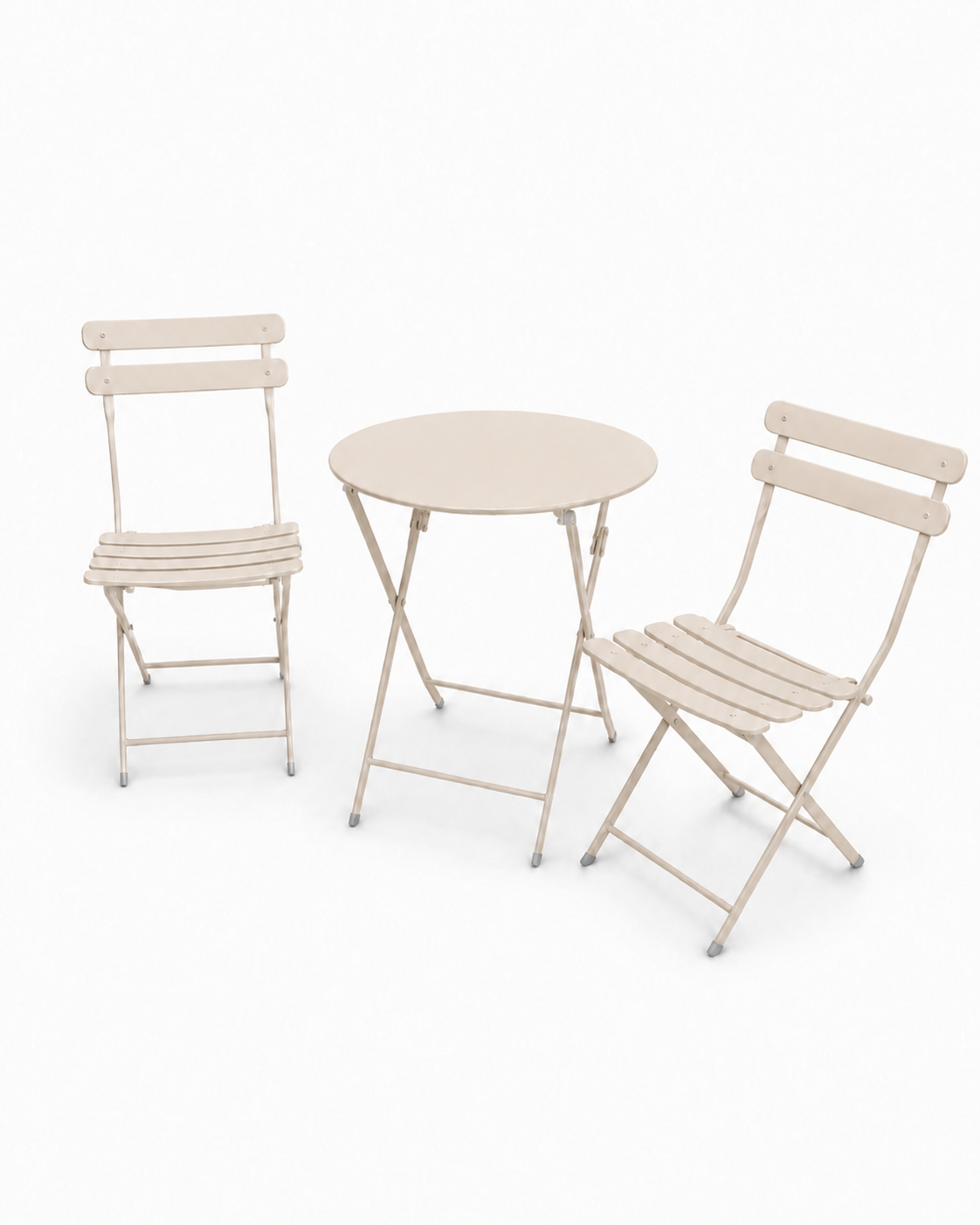 Beige caféset med fällbart bord och två stolar för balkong och liten uteplats