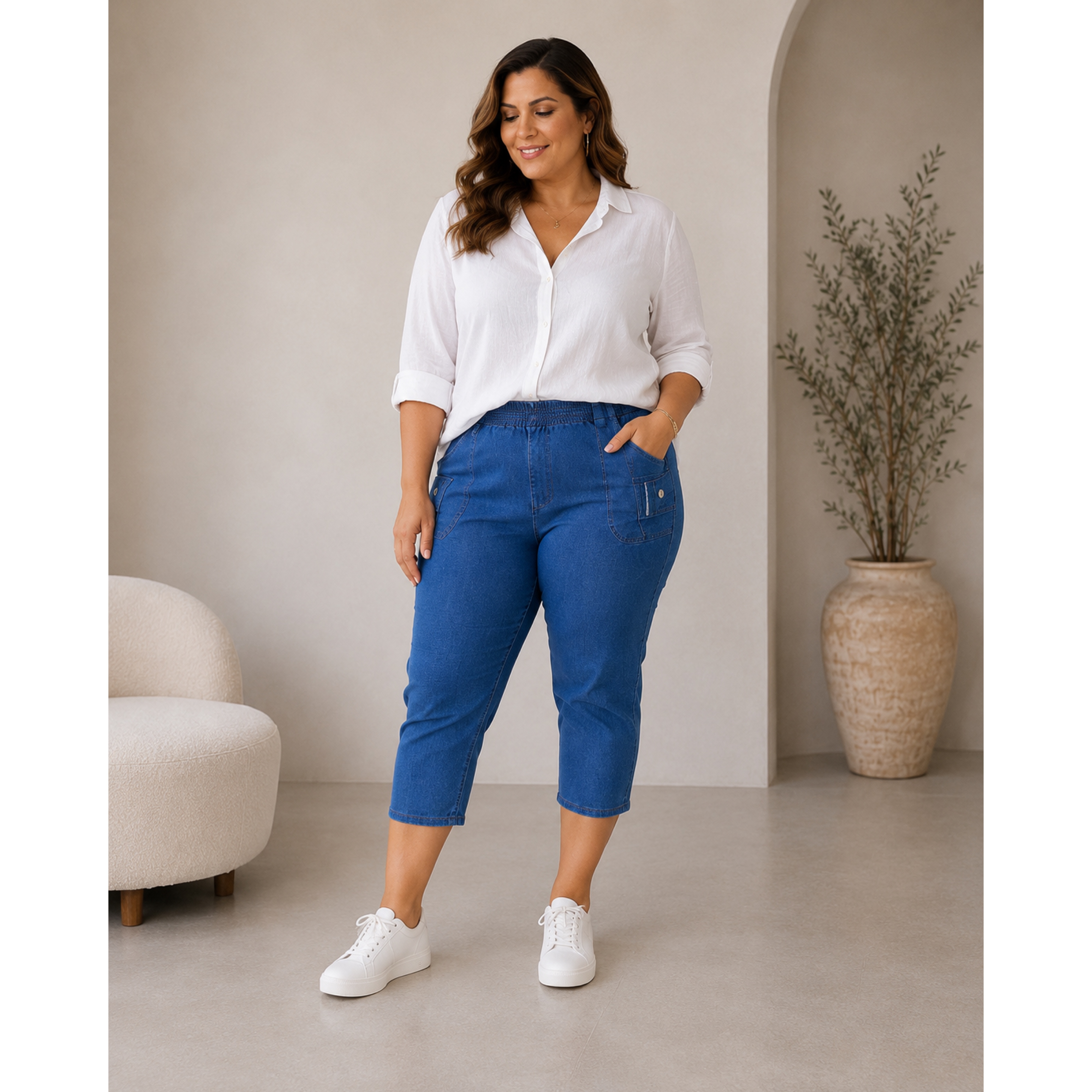 Caprijeans med fickor, blå 