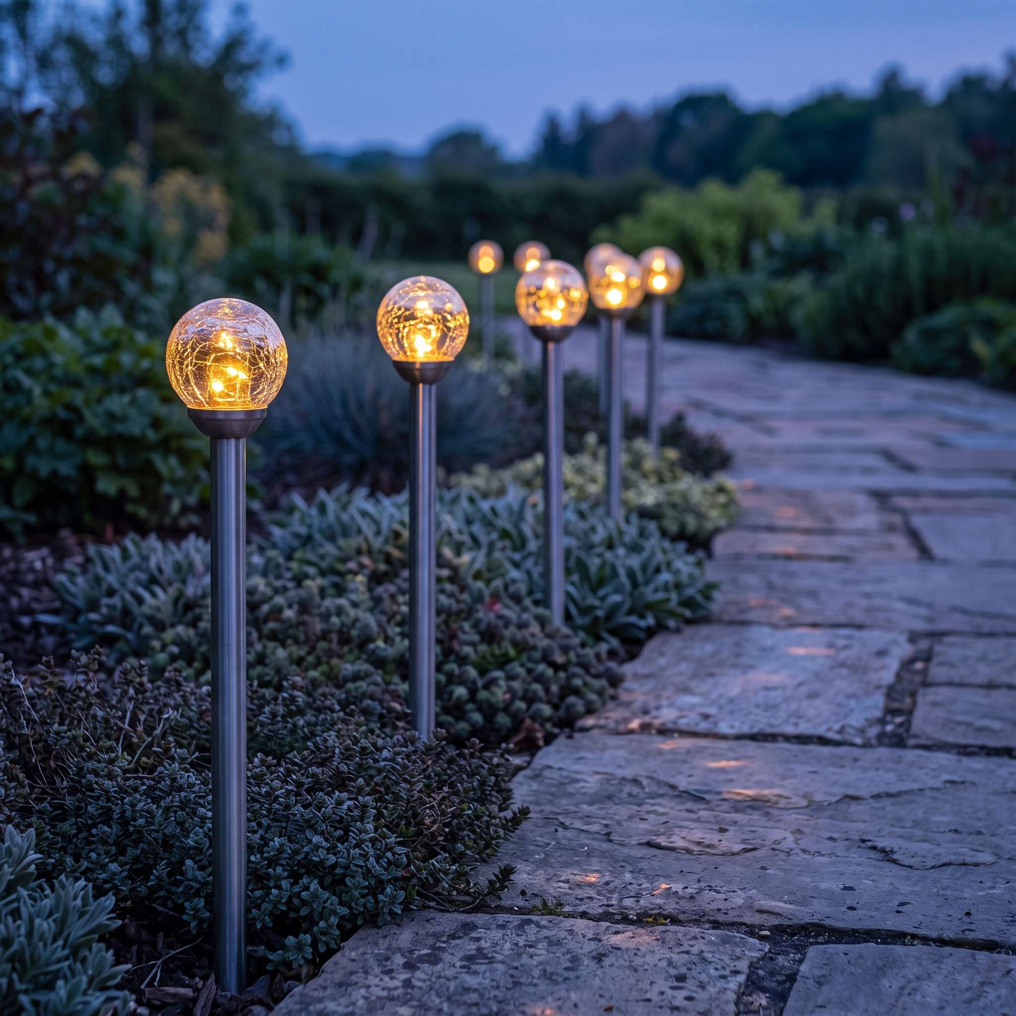 Row of Bubbly stainless-steel solar stake lights with warm white globes lining a stone garden path at dusk
