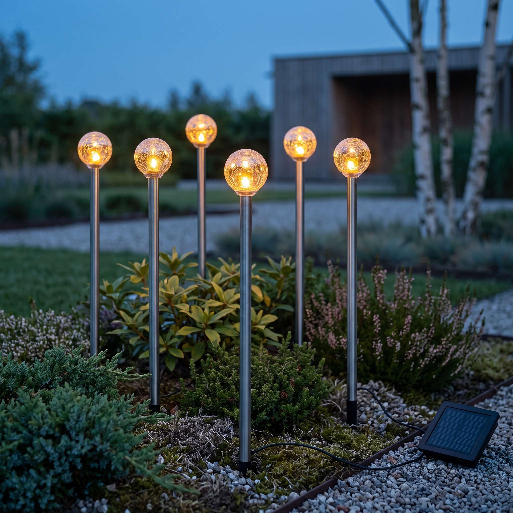 Six Bubbly solar stake lights glowing warm white among low shrubs and heather, with the black solar panel on gravel nearby