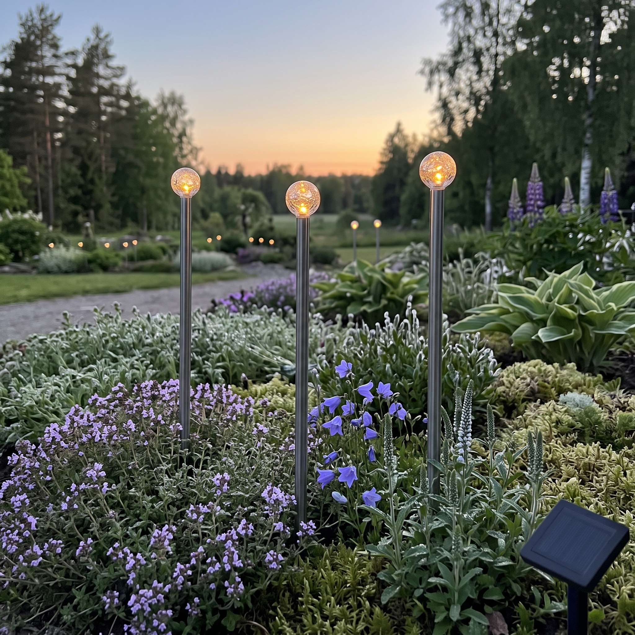 Three Bubbly solar stake lights with warm white crackle-glass globes among purple lavender and harebells at sunset